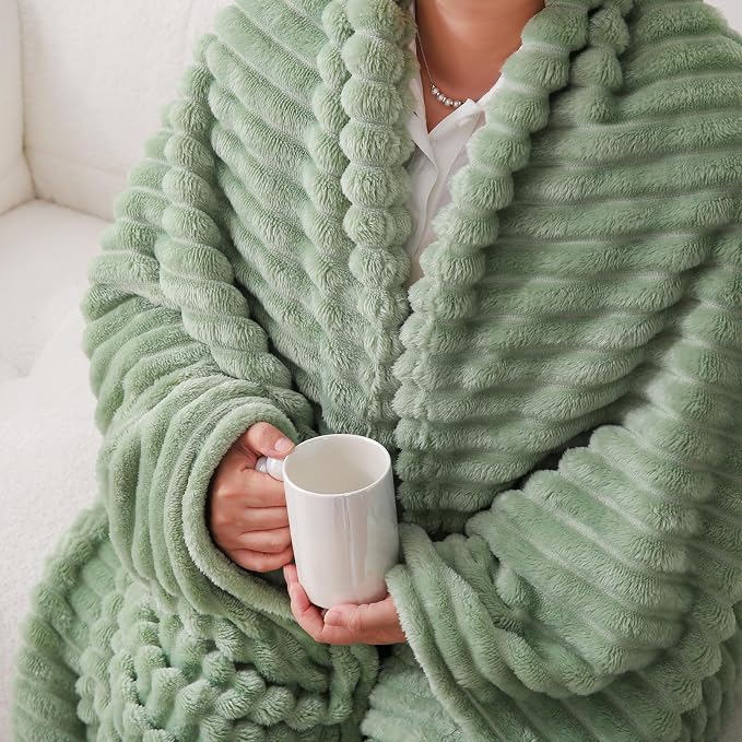 Sage Green Fleece Throw Blanket 50”×60” for Couch Sofa Livingroom | Super Soft Cozy Plush Microfiber Flannel Bed Blanket Striped Design Lightweight Home Decor Gifts for Adults Mom Women