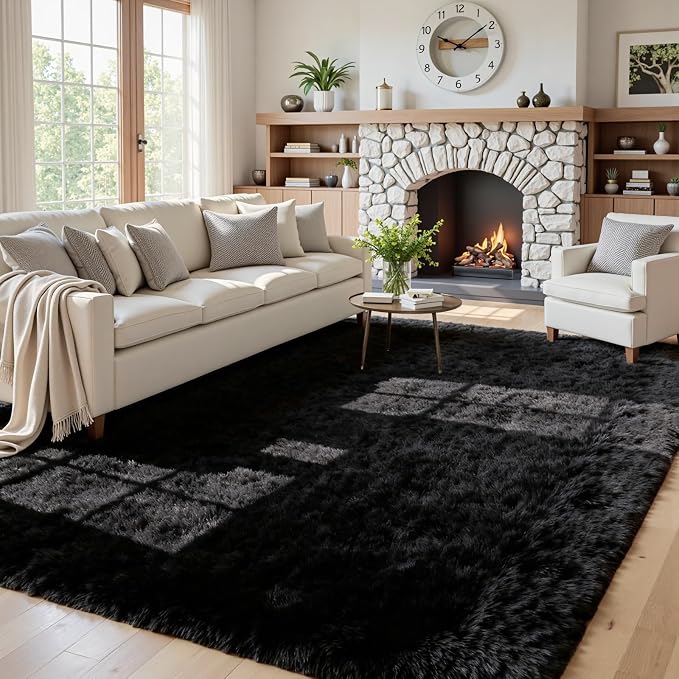 5x8 Fluffy Shag Area Rugs for Living Room Bedroom: Soft Plush Carpet Black | Upgraded Non-Slip Thick Memory Foam, Ultra Soft, Non-Shedding Fuzzy Carpet, Easy Clean Decor for Kids Room, Nursery, Playroom