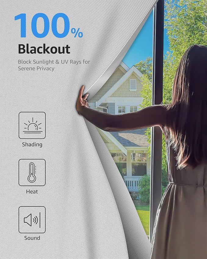 Blackout Curtains Portable 36”x60” No Drill Black Out Window Cover | 100% Blackout Shades with Heat-Resistant Hook&Loop Tapes,Thermal Insulated Window Blinds for Home,Nursery(1 Panel,White)
