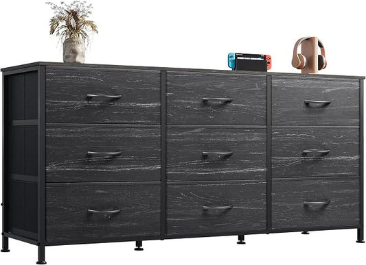 WLIVE Dresser TV Stand for 55 Inch TV, 9 Drawer Dresser, Black Wood Grain | Fits TVs up to 55 inch, 9 roomy fabric drawers, Wide wood tabletop, Living room or bedroom, Chest of drawers