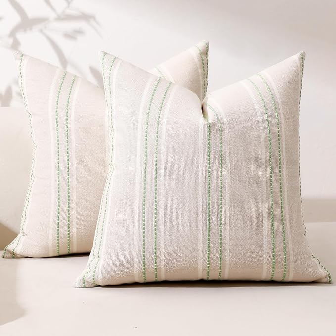 Hckot Stripe Throw Pillow Covers 20x20 Set of 2 Light Green Pillow Covers | Farmhouse Decorative Pillows Textured Linen Square Cushion Covers for Sofa Couch Bed Living Room Decor