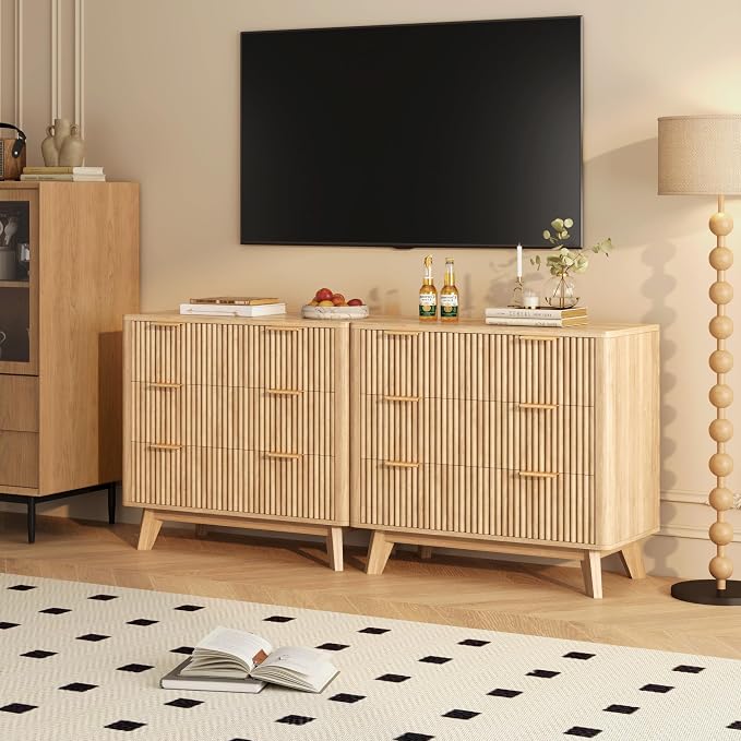 Fluest 32” Tall Nightstands with Fast Charging Station, 32” Wide Fluted Night Stand with 3 Large Drawers, Modern End Table Beside Table for Bedroom, Curved Profile Design, Natural
