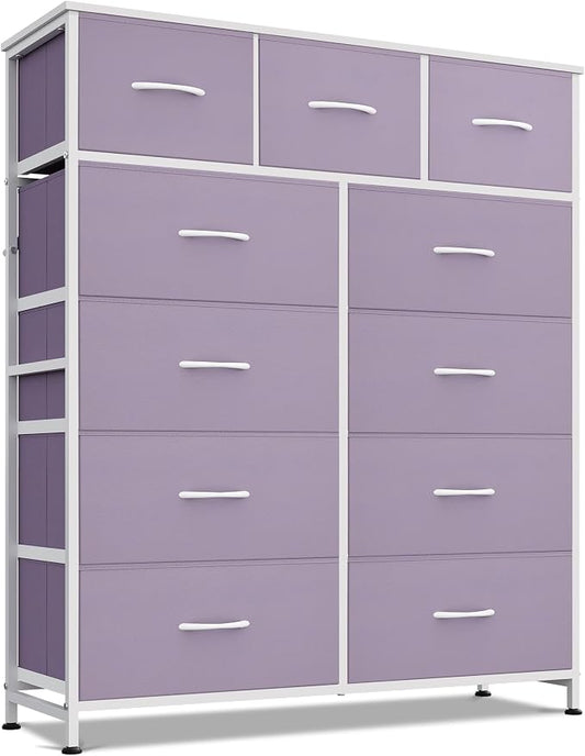 WLIVE Tall Dresser for Bedroom, 11 Drawer Chest of Drawers, Purple | 11 fabric storage drawers, Tall high-capacity design, Bedroom or dorm use, Sturdy steel frame, Smooth wood tabletop