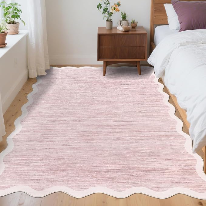 GarveeHome Scalloped Washable Area Rug 4x6 Entryway Rug Non Slip, Pink | Modern Abstract Soft Accent Rugs for Bedroom Nursery Low Pile Stain Resistant Carpet for Office