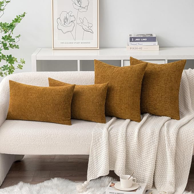 MIULEE Soft Chenille Throw Pillow Covers Mustard 18x18 Inch Pack of 2 | Modern Home Decor, Classic Decorative Pillows, Solid Dyed Cases, Boho Couch Cushion Covers for Sofa Bed Living Room