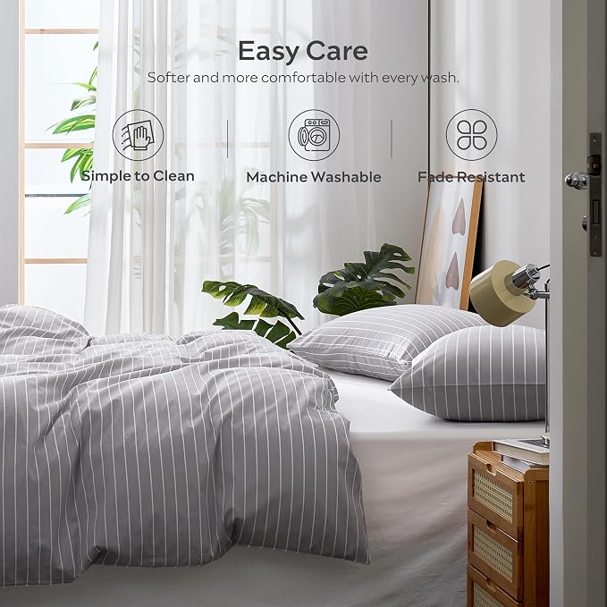 JELLYMONI 100% Cotton Wide Striped Full Duvet Cover Set, Gray/White | Classic Stripes, 8 Corner Ties & Double-Head Hidden Zipper, Breathable and Soft, For Guest Room