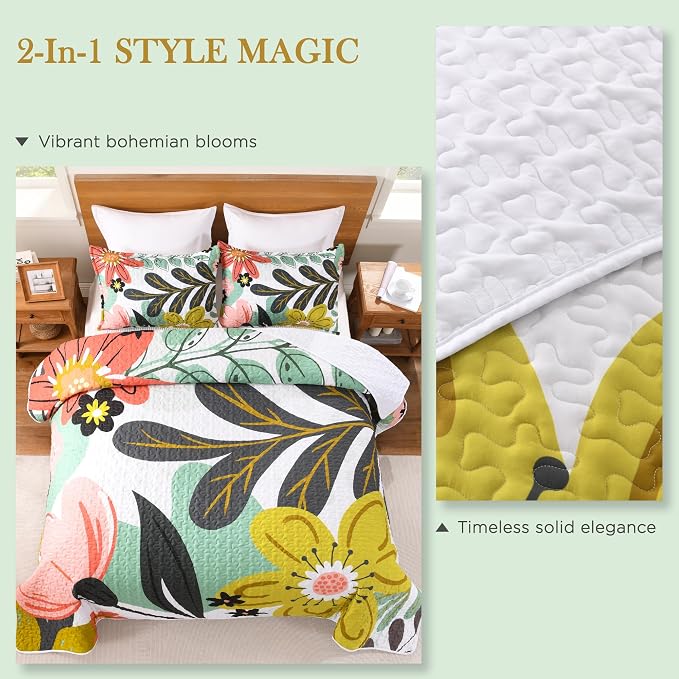 Andency Quilt Queen Size, Green Floral Boho Summer Bedspread 3 Pieces | White Flower Botanical Summer Bedspreads with 2 Shams, Reversible Polyester Coverlet Set for All Seasons, 96"x90"