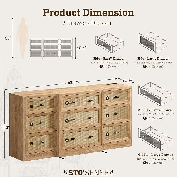 9 Drawers Dresser for Bedroom, 63" Wide Rattan Dressers w/Charging Station | Chest of Drawers with 4 Custom Drawers, Long Dresser TV Stand, Wood Closet Clothes Storage Organizer for Living Room