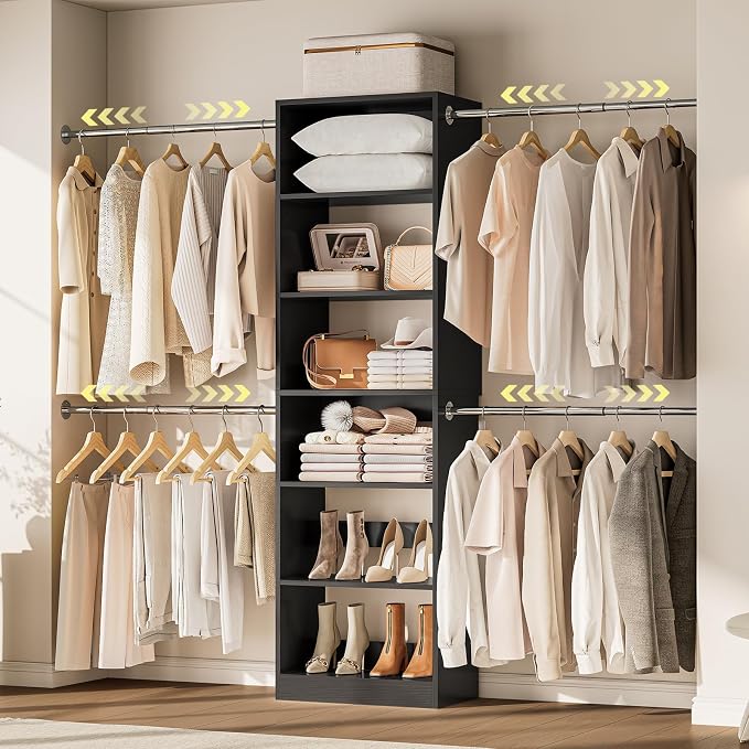 ONBRILL W1 3.5FT-7.7FT Closet System with 4 Chrome-Plated Telescopic Rods | Modular Closet Organizer System with 6 Adjustable Shelves, Custom Wood Walk-In & Reach-In Closet Organizer, Wall Mount, Black