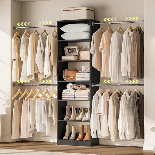ONBRILL W1 3.5FT-7.7FT Closet System with 4 Chrome-Plated Telescopic Rods | Modular Closet Organizer System with 6 Adjustable Shelves, Custom Wood Walk-In & Reach-In Closet Organizer, Wall Mount, Black