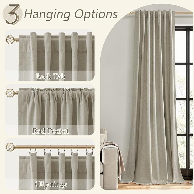 100% Blackout Linen Curtains for Bedroom 96 inches Long 8 FT, Thermal Insulated Room Darkening Black Out Window Drapes for Living Room, Back Tab Rod Pocket 2 Panels Set,Grey Flax,52x96