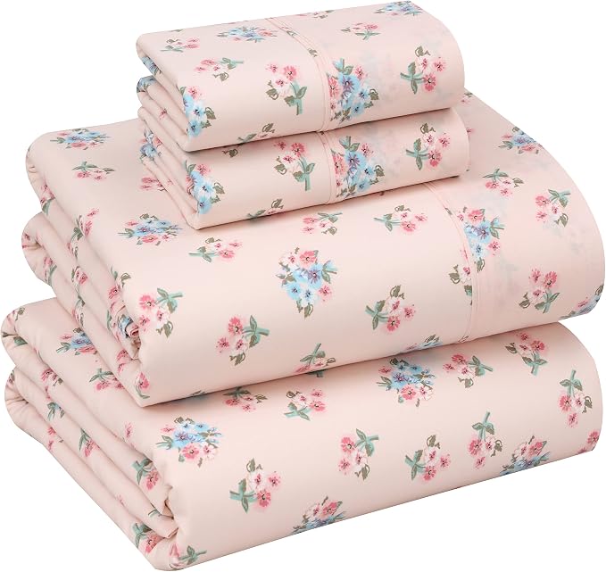 RUVANTI 100% Cotton Percale Sheets King Size, Spring On | Crisp Cooling, Deep Pocket 16", Soft Breathable & Durable, Hotel-Style, 4 Piece Set
