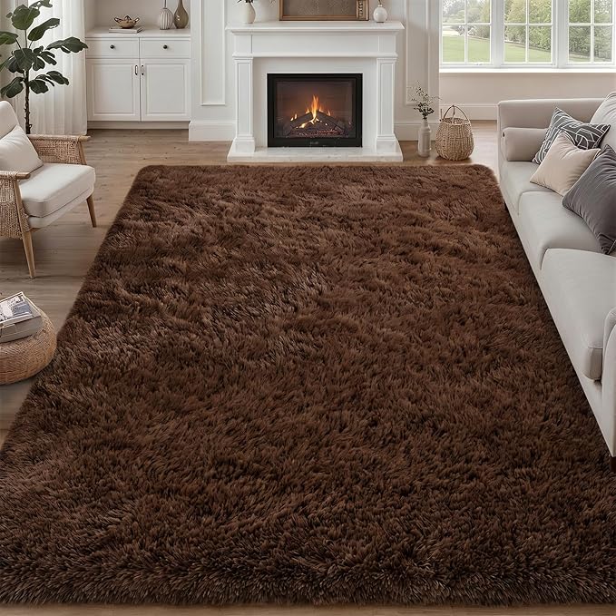 9x12 Area Rug Living Room Bedroom: Fluffy Plush Shag Carpet Brown | For Kids Room Playroom Nursery Home Decor,Ultra Soft,Non-Slip Non-Shedding,Fuzzy Plush,Large Indoor Floor Carpet,Easy Clean