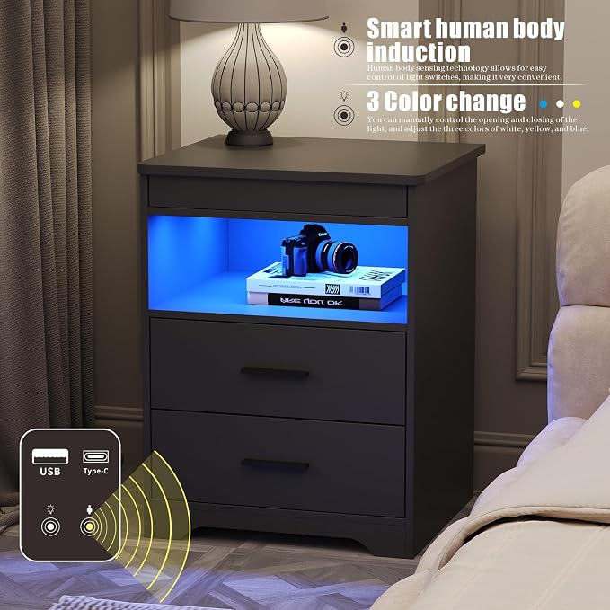 Nightstand with Gun Drawer, Charging Bedside Table with USB & Type-C Port, LED Night Stand with Human Sensor Light, Modern End Table with Drawers for Bedroom Office, Grey