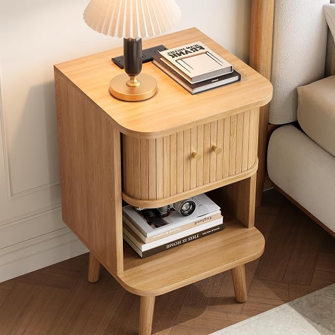 Decofy Fluted Nightstand with Charging Station & Sliding Door, Oak | Open Shelf, Space-Saving, Concealed Cabinet Storage, Mid Century Modern Bedside Tables, Bedroom End Tables