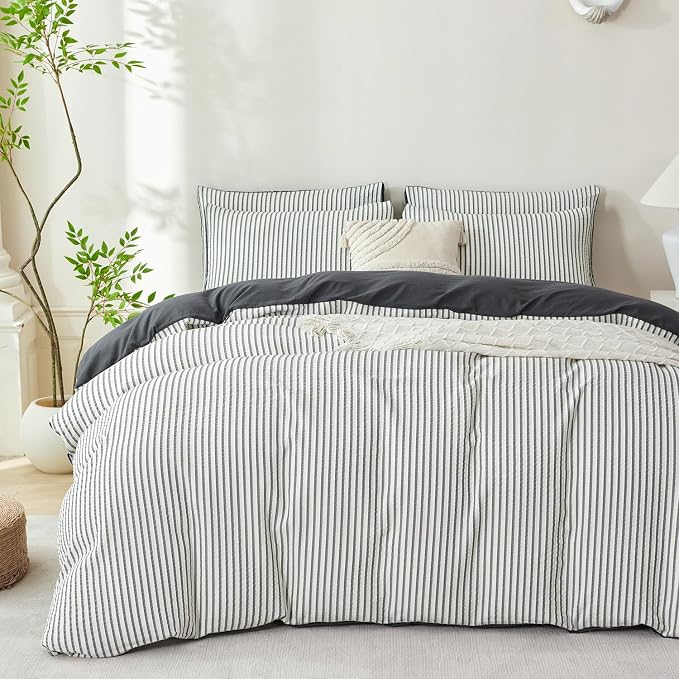 Dark Grey Comforter Set King Soft Luxury Washed Microfiber Jacquard 3 Pieces Bedding, White Grey Vertical Ticking Stripes Pattern Comforter with 2 Pillowcases Breathable Durable Comfy