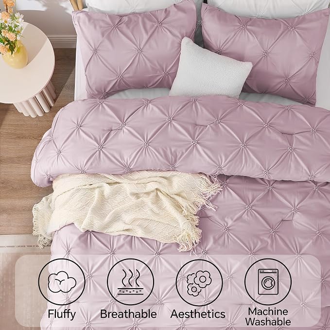 BEDELITE Full Comforter Set Light Purple,Lightweight & Soft Comforter | Pintuck Boho Bedding, Warm & Cute Bed Set for All Season,With 2 Pillowcases