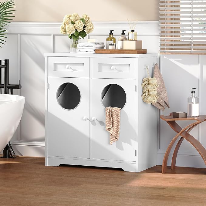 HOOBRO Double Laundry Hamper Cabinet, Hidden Laundry Cabinet with 2 Drawers & 2 Baskets, 20 Gallon Farmhouse Bathroom Laundry Hamper with 2 Clothes-Toss Holes, White WT36XY01