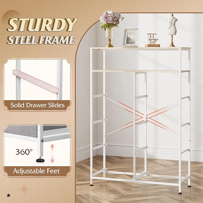 WLIVE 8 Drawer Fabric Dresser Open Shelves, Tall Bedroom Chest, Light Grey | Light Grey 8 fabric drawers plus open shelves, steel frame with wood top, great for bedroom closet entryway and dorm storage