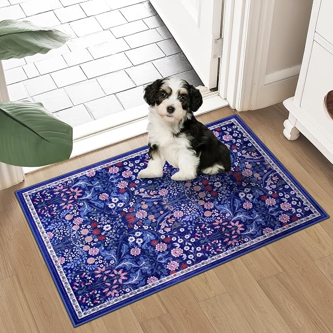 PLHXFR 2x3 Small Entryway Rug: Floral Washable Indoor Soft Carpet Blue | For Entrance, Bedroom, Kitchen, Laundry, Bathroom,Door Mat,Vintage Floral,Machine washable,Non-Slip,Stain Resistant,Indoor