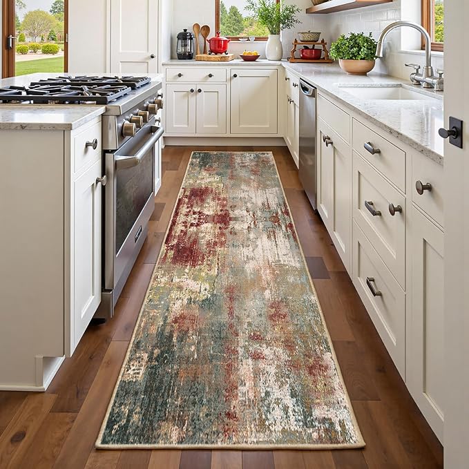RELEANY Washable Runner 2'x6' Abstract Area Rug for Hallway Rustic Brown | Carpet for Kitchen, Entryway, Bathroom, Living Room, Bedroom, Printed Pattern, Non‑Slip, Soft, Stain‑Resistant, Easy to Clean
