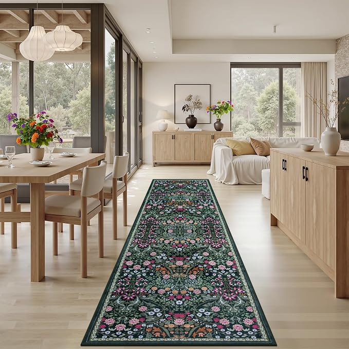 PLHXFR 2.6x10 Washable Runner Rug：Floral Indoor Kitchen Carpet Dark Green | For Hallway Bedroom Kitchen Laundry Bathroom Dorm,Vintage Floral,Machine washable,Non Slip,Stain Resistant,Indoor Floor