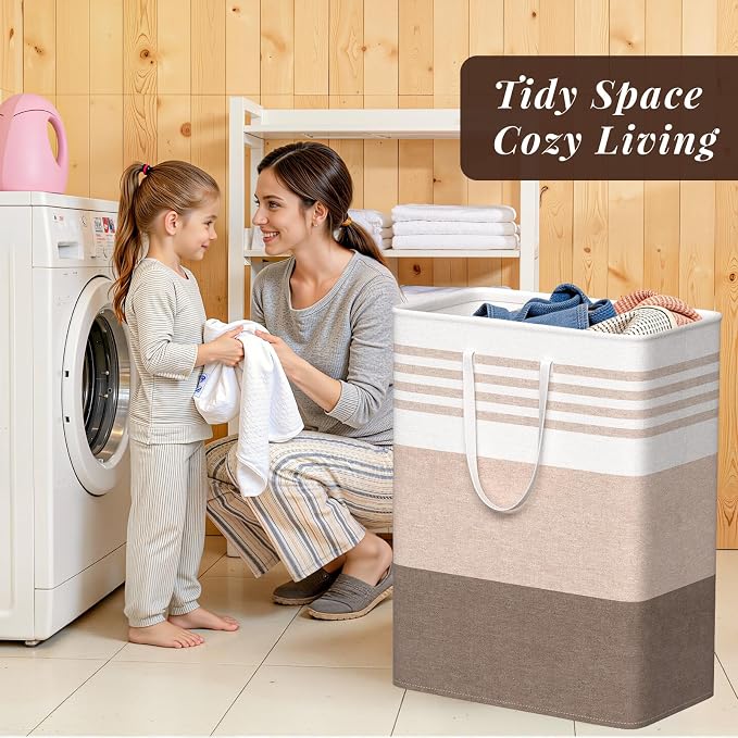 WOWBOX 2 Pack Laundry Baskets, Collapsible Dirty Clothes Laundry Hampers | with Reinforced Handles, Waterproof Coating, 2 Pack for Clean & Dirty Clothes, for Bedroom, Bathroom, Dorm (125L Khaki)