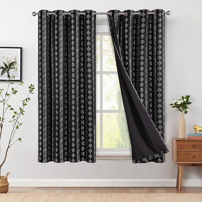 jinchan Boho Blackout Curtains 63 Inch Length for Bedroom Living Room | Silver on Black Geometric Foil Printed Grommet Curtains Room Darkening Thermal Insulated Window Treatments 2 Panels