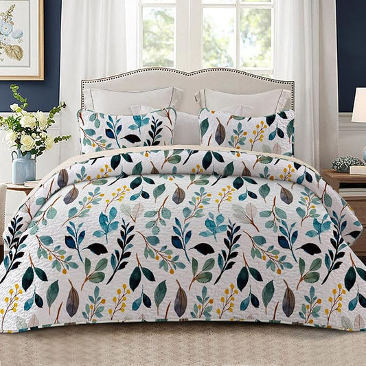 Whale Flotilla Patchwork Quilt King Size, Extra Soft Floral Leaf Bedspreads | Reversible Lightweight King Quilt Bedding Set for Bed, White Green Printed Coverlets with 2 Pillow Shams for All Seasons