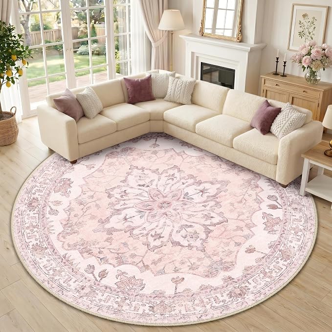 RELEANY Washable Area Rug, Round 10ft, Pink | Non-Slip, Water Repellent, Pet Friendly, Easy to Clean, Vintage Floral Boho Decor for Living Room Bedroom Dining Room