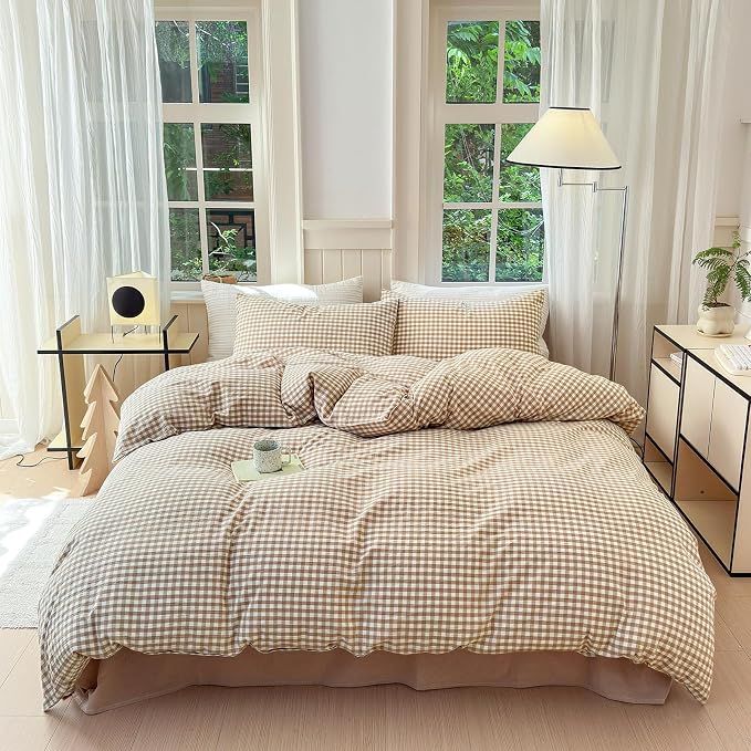 LifeTB Queen Comforter Set Tan Gingham Comforter Modern Style Beige Plaid Comforter Set 3 Pieces Fluffy Grid Checkered Comforter with 2 Pillowcases Boho Gingham Bedding Set Queen Size