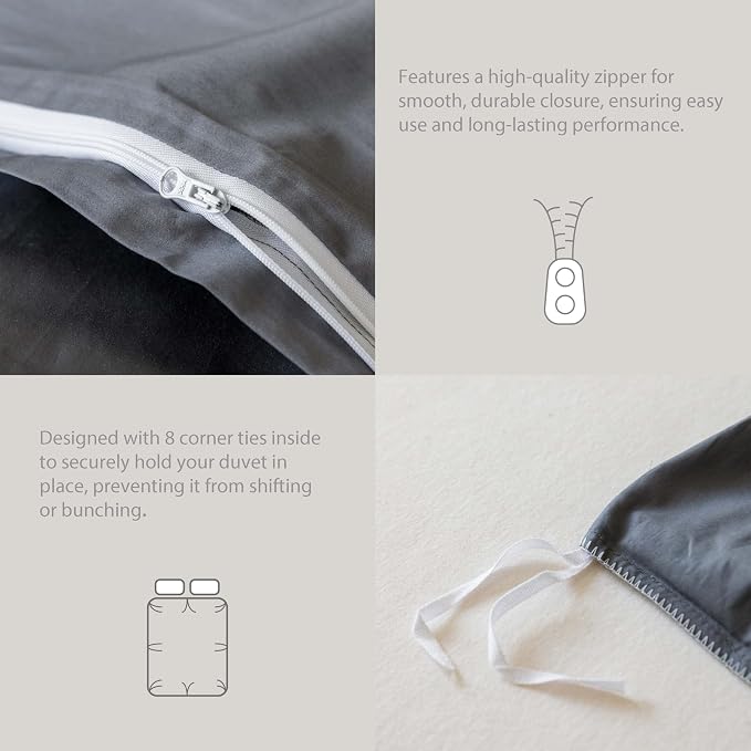 HeimenAogo Egyptian Cotton Duvet Cover Queen Size Sateen Weave, Silky Soft and Breathable Bedding Set with Zipper Closure, Long Staple Cotton Bed Linen Stormy Grey 3Pcs (90"×90")