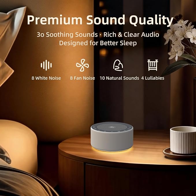Kipcush White Noise Machine for Baby & Adults, 30 Soothing Sounds, Soft Non-Glare Nursery Lamp, 8 Color Night Lights, Memory Function (Angel V4 Grey, Standard)