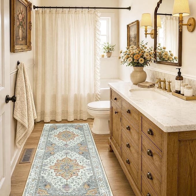 RELEANY Washable Area Rug, Runner 2'x6', Beige/Carbon Grey/Orange | Non-Slip, Water Repellent, Pet Friendly, Easy to Clean, Vintage Floral Boho Decor for Kitchen Entry Bedroom Bedside Laundry