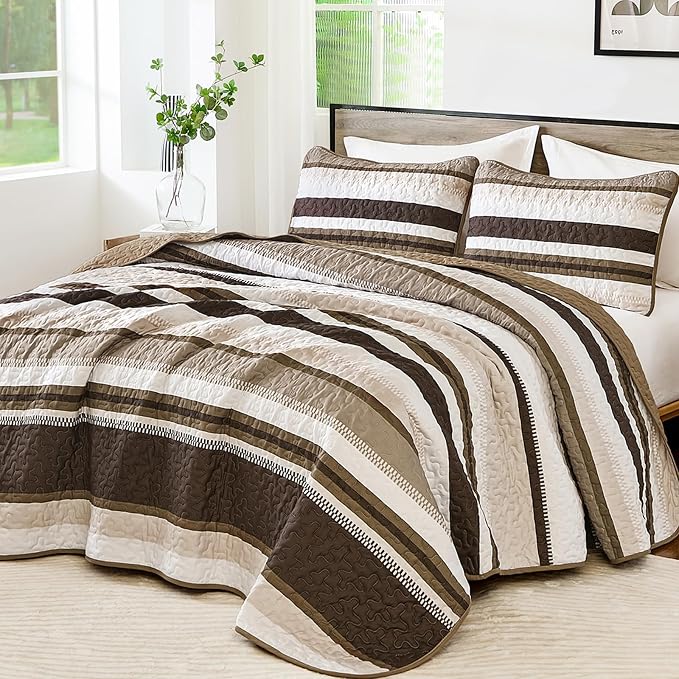 WONGS BEDDING Striped King Quilt Bedding Set, Brown Lightweight Bedspread | Lightweight Microfiber Coverlet, Breathable All-Season, Machine Washable, 3-Piece Set 110"x90", Great for Men Boys Dorm Room