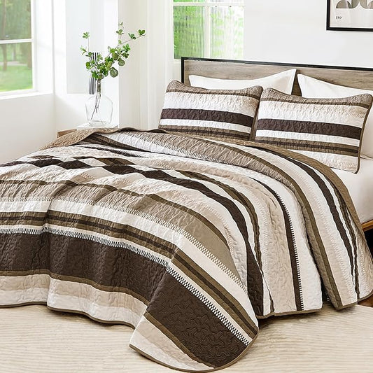 WONGS BEDDING Striped King Quilt Bedding Set, Brown Lightweight Bedspread | Lightweight Microfiber Coverlet, Breathable All-Season, Machine Washable, 3-Piece Set 110"x90", Great for Men Boys Dorm Room