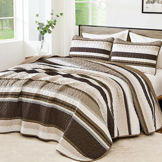 WONGS BEDDING Striped Queen Quilt Bedding Set, Brown Lightweight Bedspread | Lightweight Microfiber Coverlet, Breathable All-Season, Machine Washable, 3-Piece Set 96"x90", Great for Men Boys Dorm Room