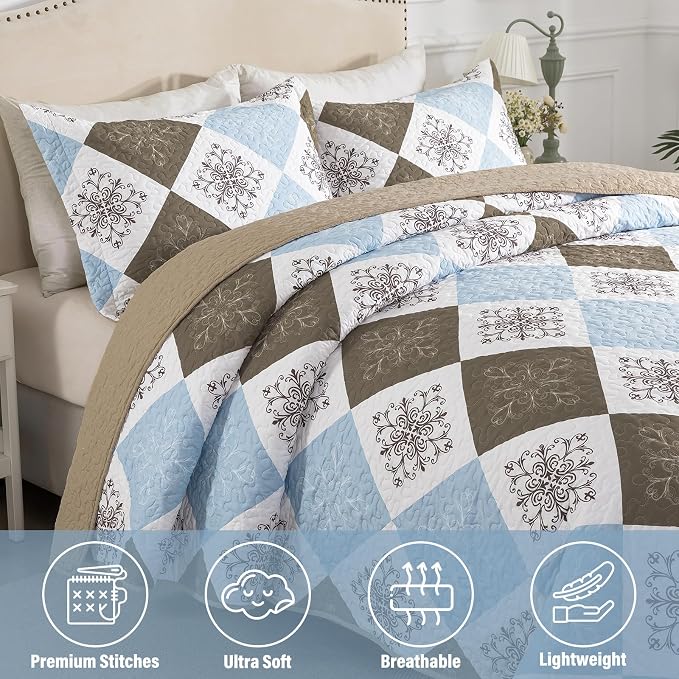 Quilt Set King Size, Bedspread Sets Dusty Blue Floral, Quilt Bedding Set Lightweight and Breathable for All Seasons, Soft Quilted Bedspread with 2 Pillow Shams