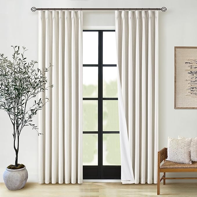 Natural Linen Pinch Pleated 100% Blackout Curtains 80 Inches Long 2 Panels | Two Layer Drapes with Liner, Thermal Insulated, Cream Blackout Drapes for Bedroom Living Room, Pinch Pleat with Back Tab
