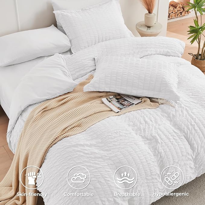 HYMOKEGE White King Size Comforter Set Seersucker 7 Pieces, All Season Luxury Bed in a Bag for Bedroom, Bedding Set with Comforters, Sheets, Pillowcases & Shams