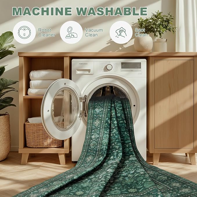 3x5 Area Rugs Living Room: Washable Rug for Bedroom Deep Green | Boho No Slip Stain Resistant Rug Soft Indoor Decor Floor Floral 3x5 Area Rugs for Dining Room, Nursery, Hallway, Home Office