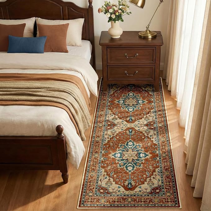 RELEANY Washable Area Rug, Runner 2'x5', Red/Orange/Blue/Brown | Non-Slip, Water Repellent, Pet Friendly, Easy to Clean, Vintage Floral Boho Decor for Kitchen Entry Bedroom Bedside Laundry