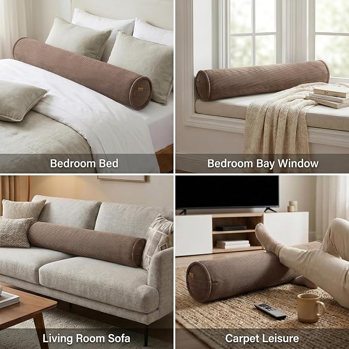 Corduroy Body Pillow for Side Sleepers, Full Body Support Cylinder Bolster Pillow for Adults, Cozy Hugging Pillow for Relaxing Sleep, 59 x 7.87 Inches, Chocolate