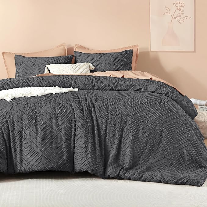 Litanika Oversized King Comforter Set, 3 Pcs Tufted Boho Bedding Set | Dark Grey Farmhouse Shabby Chic Vintage Bohemian Textured Aesthetic Soft Fluffy Lightweight Breathable All Season Bed Set