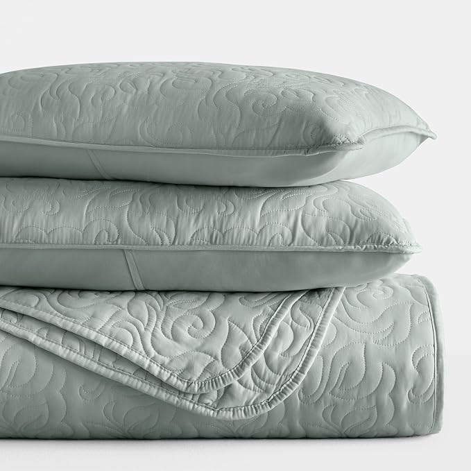Merit Linens Modern Quilt Coverlet Soft Set in Floral Stitching - Full/Queen Eucalyptus
