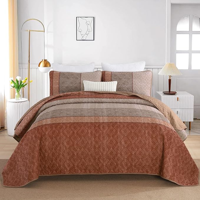 Cottolester Boho Quilt Set Queen,3 Pcs Red Orange Striped Plaid Bedspread | Ultra Soft Fall Lightweight Coverlets Set for Men Women,Microfiber Patchwork Quilt Bedding Sets for All Seasons 96"x90"