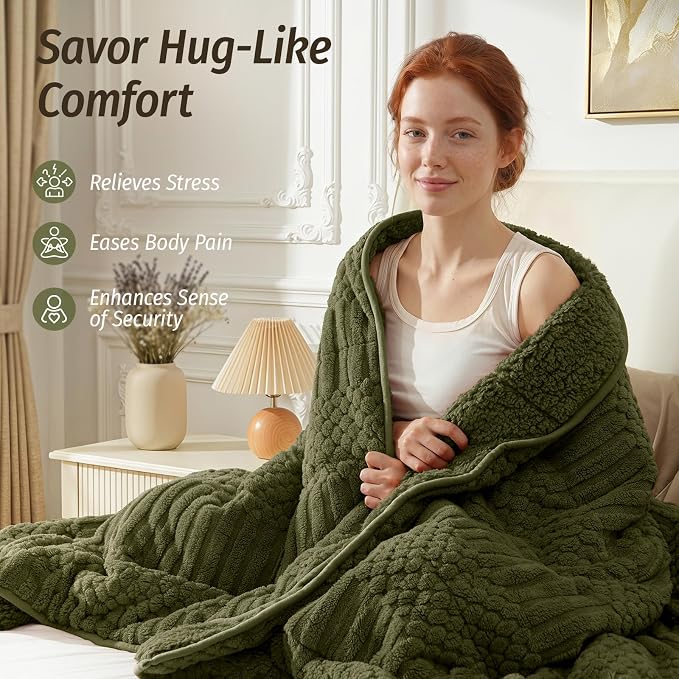 Sherpa Weighted Blankets for Adults, 60" x 80" 15 lbs Army Green | Queen Size Bed, Super Soft Fuzzy Heavy Throw Blankets for Better Sleep, Jacquard Knitted, Chunky Warm Fluffy, Glass Beads