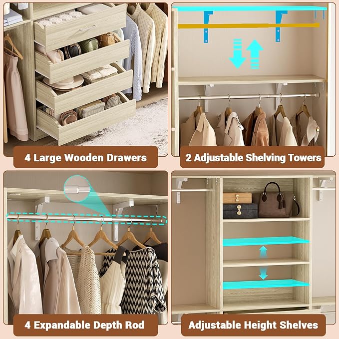Aheaplus Closet System with 4 Drawers, 8FT Wood Closet Organizer System | 96" Closets Built In System Tower with Shelves & 4 Rods, Walk-in Closets Wardrobe Clothes Rack, Fits Spaces 4-9 ft, White Oak