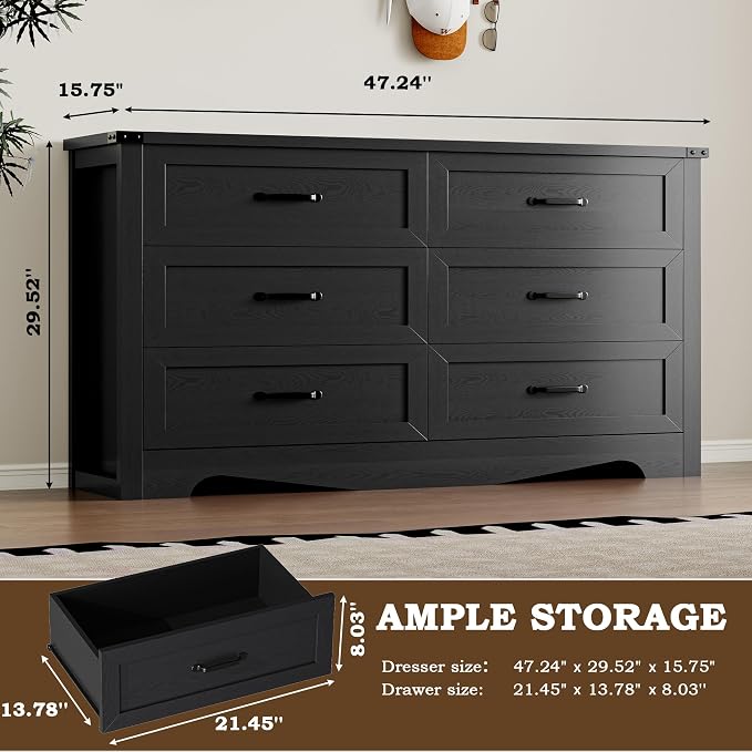 BORNOON 6-Drawer Dresser for Bedroom, Modern Wooden Chest of Drawers with Metal Handles, Anti-Tipping Design, Sturdy and Stable Storage Organizer for Living Room, Entryway, Home Office