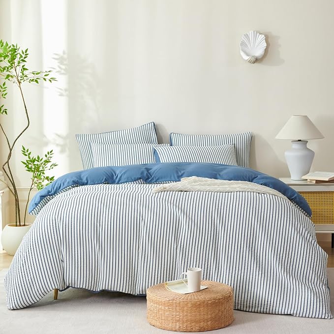 Striped Comforter Set Queen Denim Blue Soft Luxury Washed Microfiber Jacquard 3 Pieces Bedding Set, White Denim Blue Vertical Ticking Stripes Comforter with 2 Pillowcases Breathable Durable Comfy